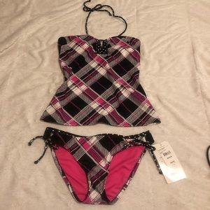 Arizona Tankini Black/Pink/White Plaid - M - NWT